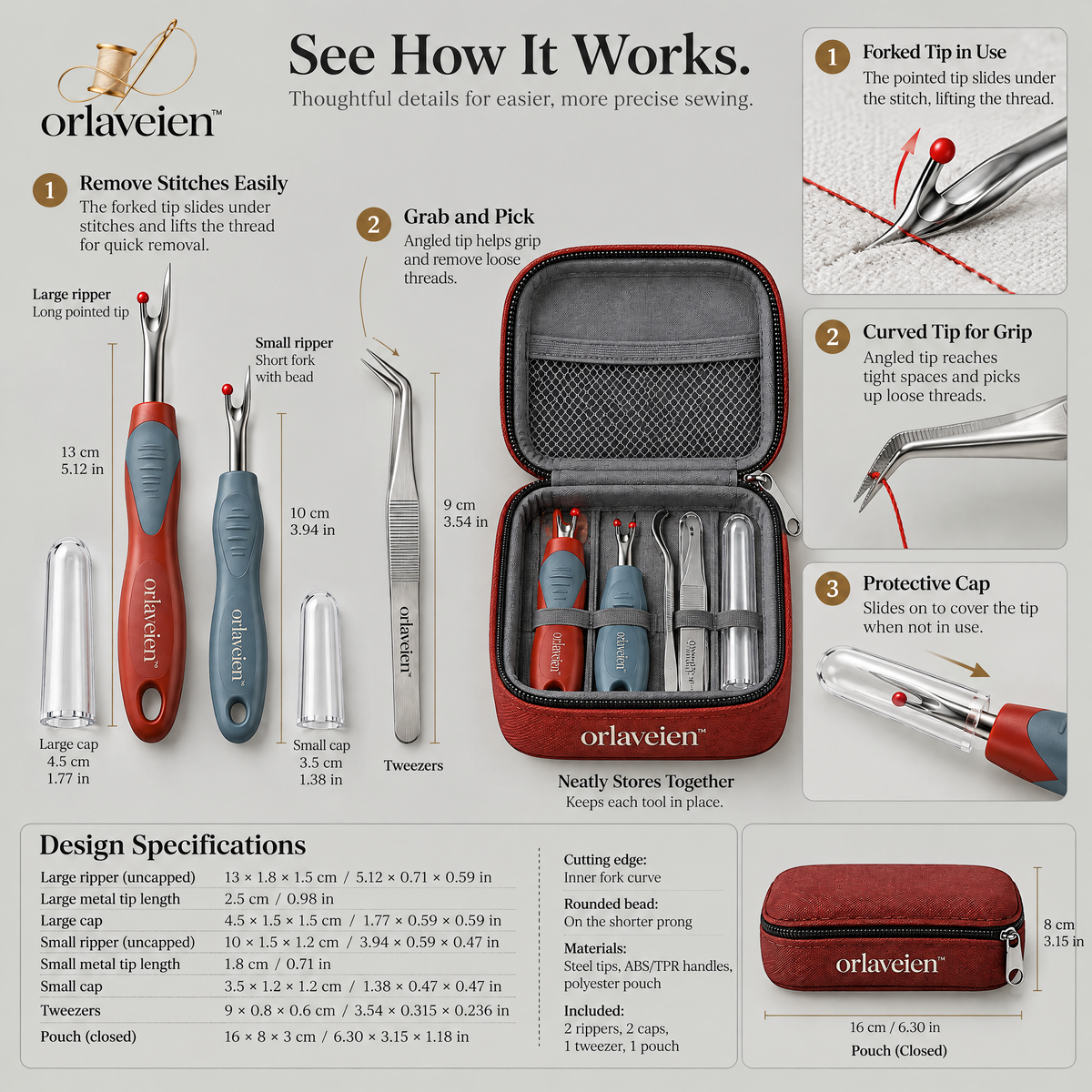 orlaveien™ Ergonomic Seam Ripper & Stitch Remover Set — product view 5